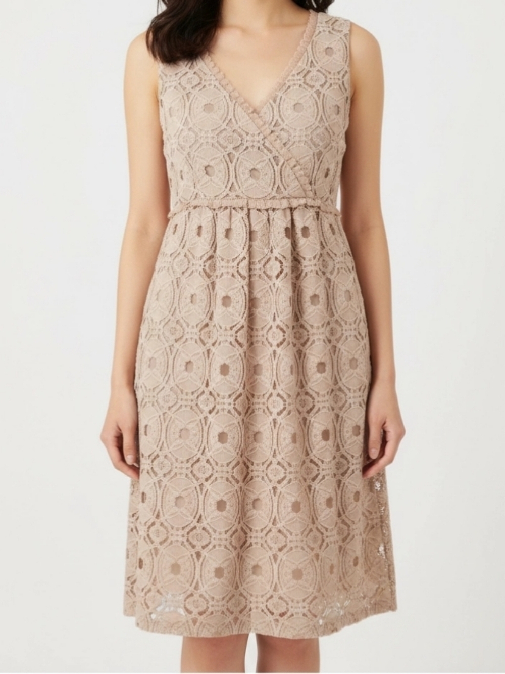 Suzi Chen Lacey Tan Over Top Lined Side Zipper Summer Versatile Dress Sz 10.